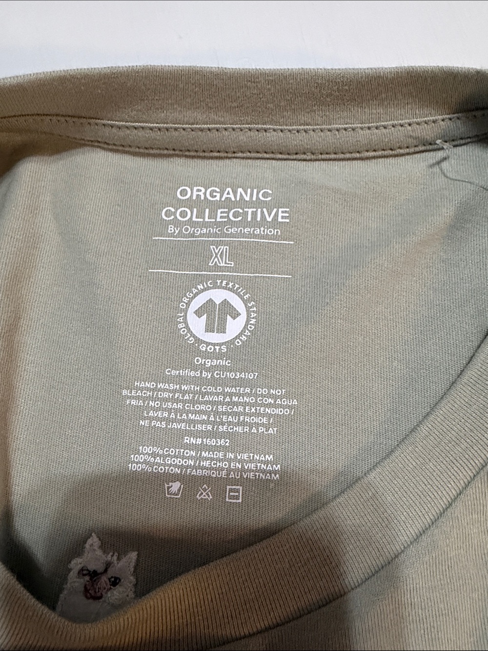 Organic Collective Embroidered Cat Cotton Tee in Sage Green XL NWT - Picture 5 of 8